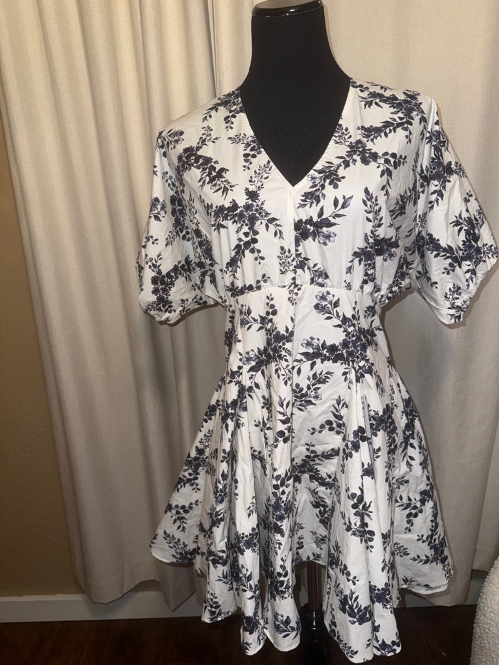 Aakaa White Dress with Navy Floral Print